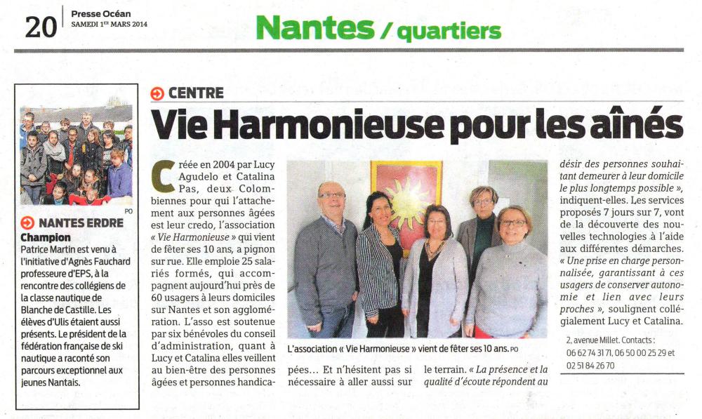 Vie Harmonieuse pour les aînés
PRESSE OCÉAN - Nantes - 01/03/2014
